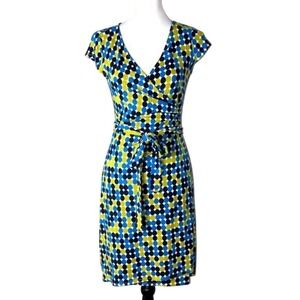 Ann Taylor Petite V-Neck Polka Dot Wrap Knit Blue Green Dress Womens Size SP